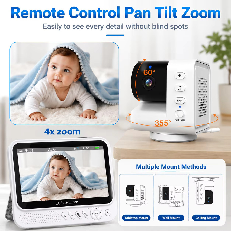 Aurovue Video-Babyphone mit 7,0 Zoll Display, PTZ-Kamera mit Schwenk-Neige-Funktion und 4-fach Zoom, Nachtsicht, Zwei-Wege-Audio und VOX-Aktivierung, Weiß - Bild 4