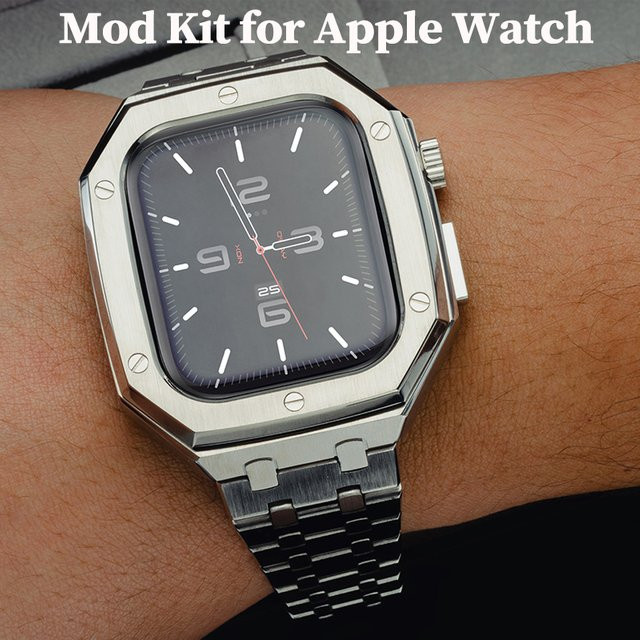 CAOWTAN Edelstahl Modifikations-Mod-Kit für Apple Watch 10, 9, 8, 7, SE und iWatch 6, 5, 4, 3 in Silber inklusive Metallgehäuse und Band-Set - Bild 1