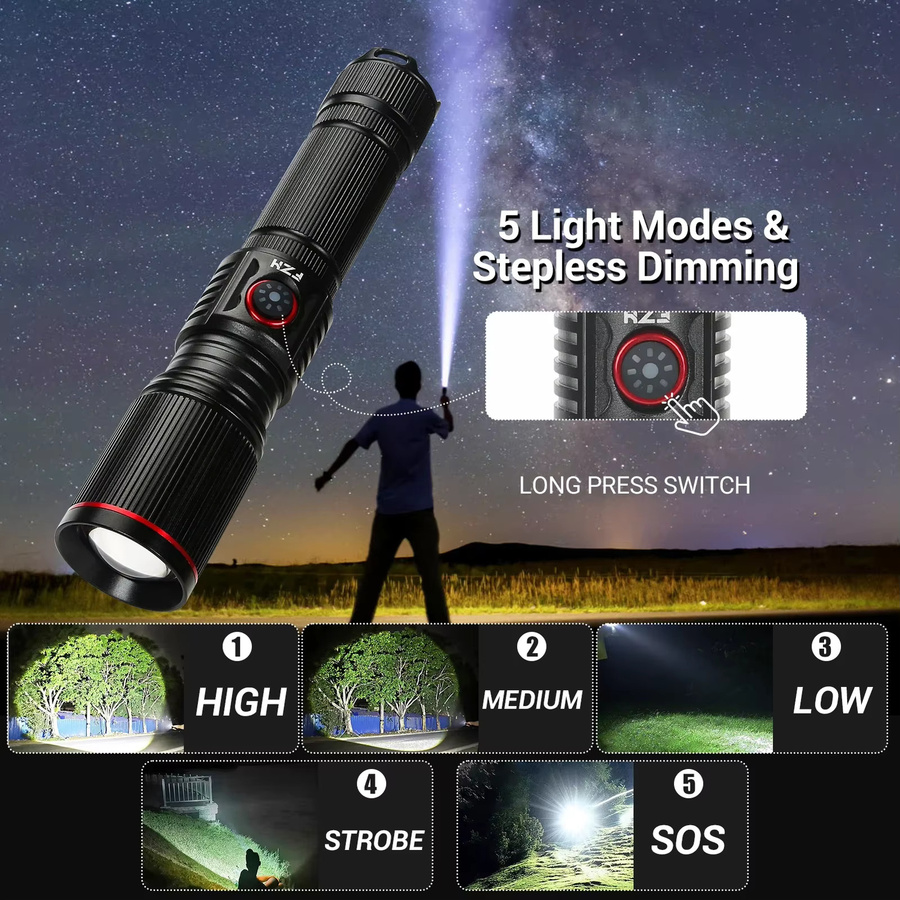 Heinast LED-Taschenlampe mit 30 W, wiederaufladbar, Schwarz, Handheld-Zoom für Outdoor, Garten und Arbeit - Bild 3