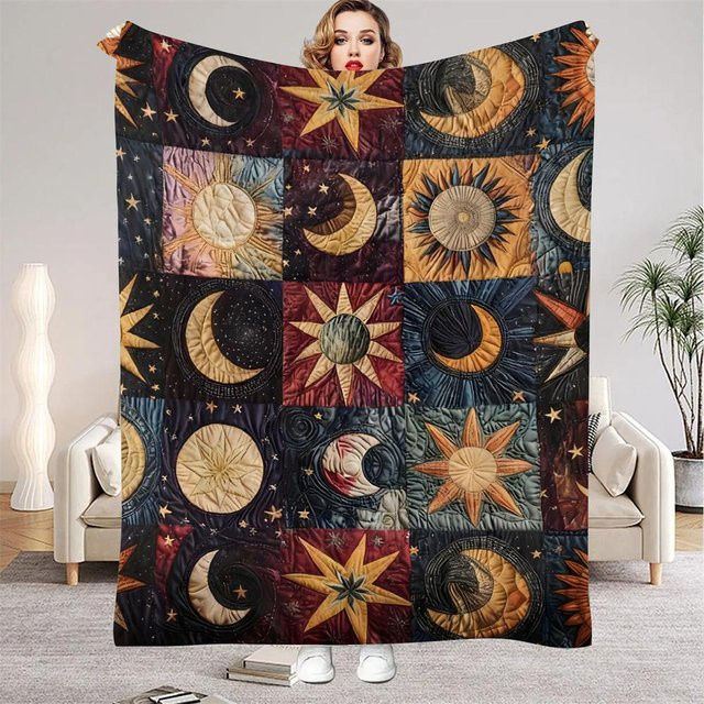 Weiche Flanell Kuscheldecke im Boho Stil mit Mond, Sonne und Sternen von JMG Household Supplies, B/B: 150 x 200 cm, Mehrfarbig - Bild 1