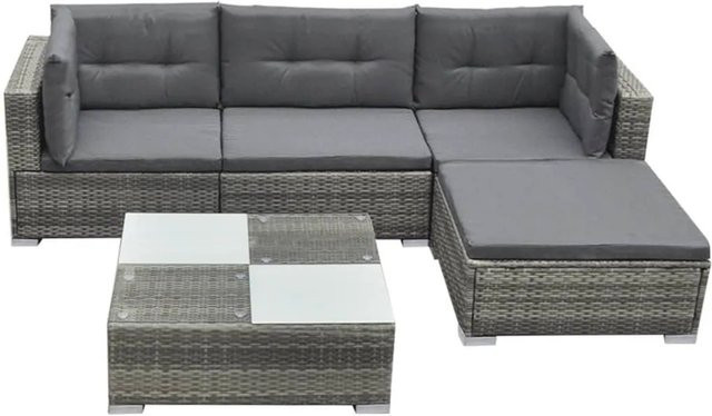 vidaXL 5-tlg Garten-Lounge-Set Modell 40 in Grau mit Polsterkissen und Ottoman aus Poly Rattan - Bild 1