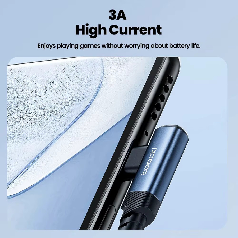 Toocki USB-A auf USB-C Ladekabel mit 90-Grad-Winkel in Blau für schnelles Aufladen von iPhone 15, Samsung S22, Huawei, Xiaomi und Honor - Bild 3