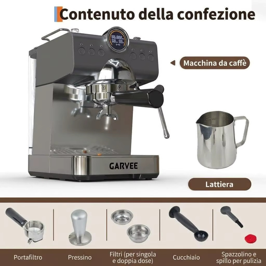 HiMISS Halbautomatische Italienische Kaffeemaschine in Silber mit 1450W, 20 Bar Druck, Milchaufschäumer, 1,5l Wassertank und LED-Display - Bild 2