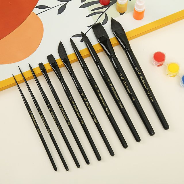 10-teiliges Malpinsel-Set mit Holzgriff und Nylonborsten für Aquarell, Öl und Acryl in Schwarz - Bild 1