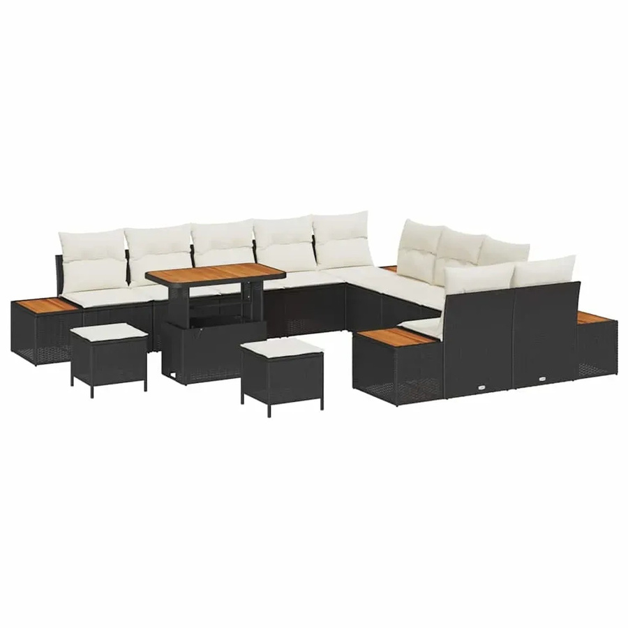 vidaXL Garten-Sofa-Set aus Polyrattan in Schwarz mit 13-teiligem Set und Kissen in Schwarz-Creme - Bild 2