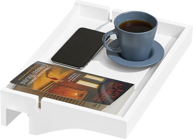 SoBuy Klemmregal NKD01 aus Bambus als Bettablage und Nachttisch mit Kabelführung in Weiß, B/T/H: 36 x 9 x 25 cm - Bild 2