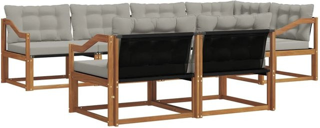 vidaXL Outdoor-Sofagarnitur 7-teilig aus Akazienholz mit Textilene und Kissen in Braun, Grau und Beige - Bild 1
