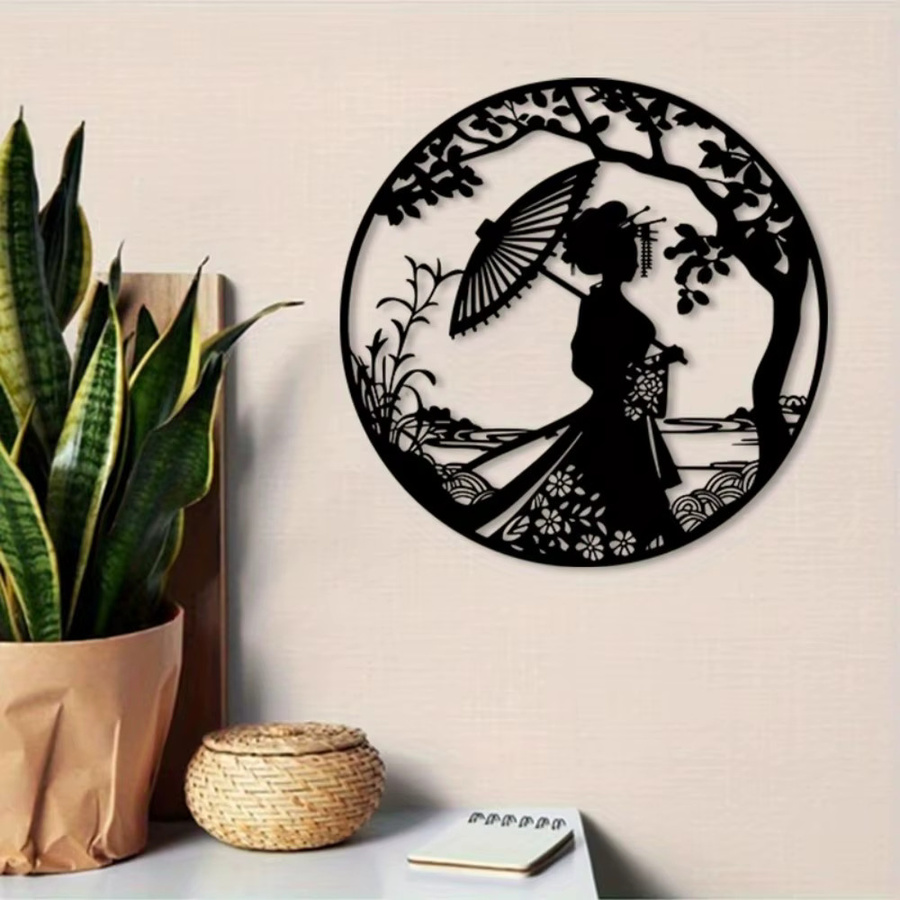 Sakura Geisha Metall-Wandkunst von CIFBUY – Schwarze Japanische Skulptur mit Floralem Portrait-Design - Bild 4