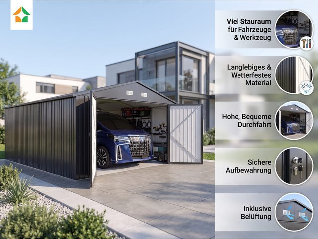Prestige Home Gerätehaus Garage aus verzinktem Stahl in Anthrazit Grau B: 557 cm, T: 339 cm, H: 239 cm - Bild 1