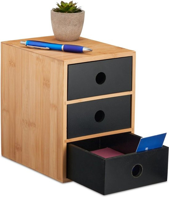 Relaxdays Schreibtisch Organizer aus Bambus mit 3 Schubladen in Schwarz, B/T/H: 21 x 15 x 20 cm - Bild 1