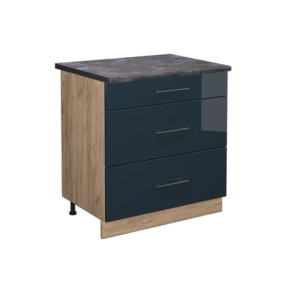 Vicco Küchenunterschrank Fame-Line in Dunkelblau Hochglanz und Eiche mit 3 Schubladen und Arbeitsplatte in Anthrazit, Breite: 80 cm - Bild 2