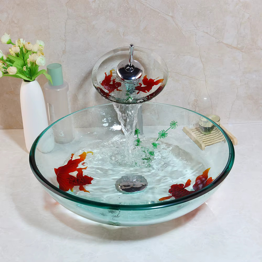 KEMAIDI Badezimmer-Waschtischarmatur Set mit transparentem Glasbecken und Goldfischmuster, B/T/H: 41,5 x 28,5 x 0 cm - Bild 3