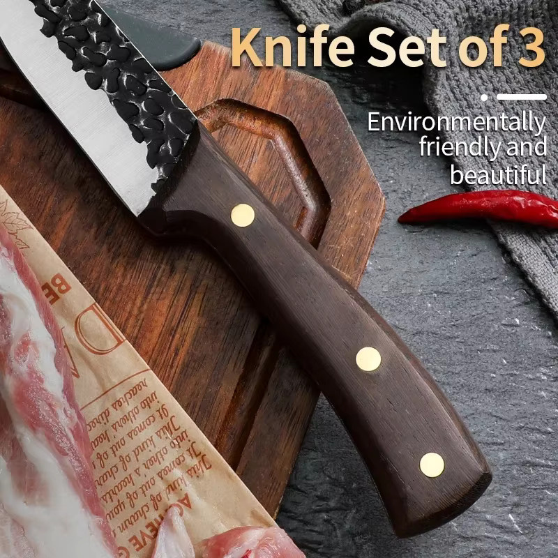 Premium 3-teiliges Profi-Küchenmesserset aus Hochkohlenstoffstahl mit Koch-, Ausbein- und Tranchiermesser für Fleisch, Obst und Gemüse - Bild 4