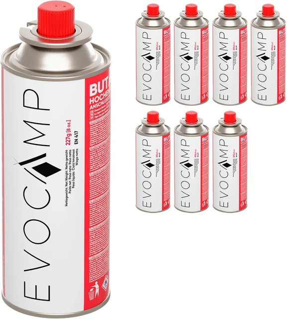 Evocamp Butan Gaskartuschen 8er Pack, 227g pro Stück, Typ MSF-1a für Campingkocher, Gasheizung und Unkrautbrenner - Bild 1
