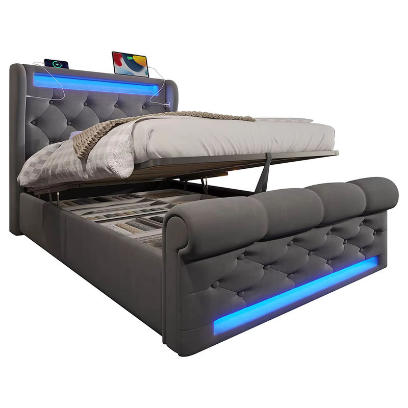 KOMHTOM Modernes Polsterbett Einzelbett in Grau mit LED-Leuchten, USB- und Typ-C-Anschlüssen und hydraulischem Stauraum, B/T/H: 90 x 200 cm - Bild 3