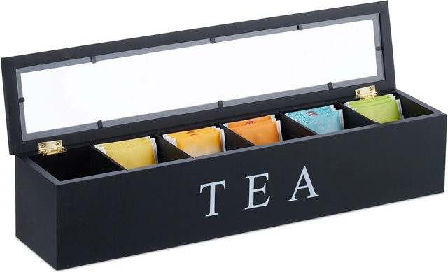 Relaxdays Teebox aus Bambus in Schwarz mit 6 Fächern, B/T/H: 43,5 x 9 x 9 cm - Bild 1