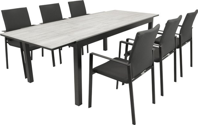 DEGAMO Gartenmöbel Garnitur FARO 7-teilig mit Ausziehtisch aus Alu, Glas und Kunstgewebe in Grau - Bild 1