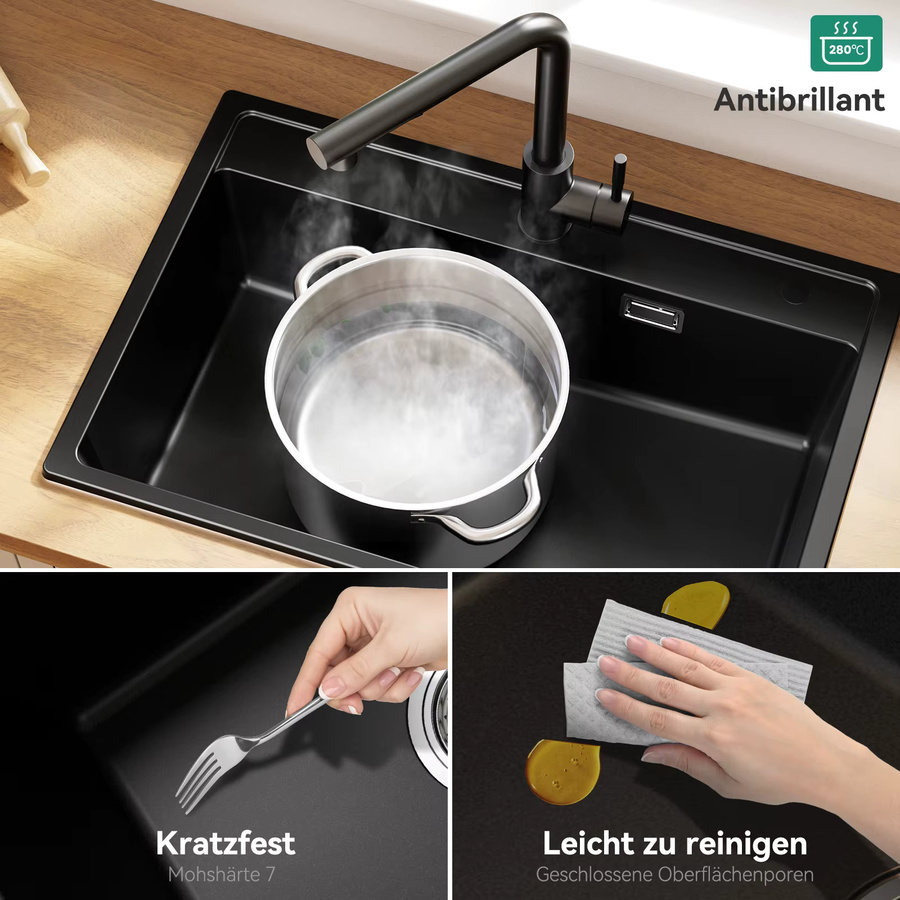 CECIPA max Küchenspüle aus Quarzkomposit in Schwarz, Einbauspüle mit Spülkorb und Siphon Abfluss Set, B/T: 70 x 46 cm - Bild 4