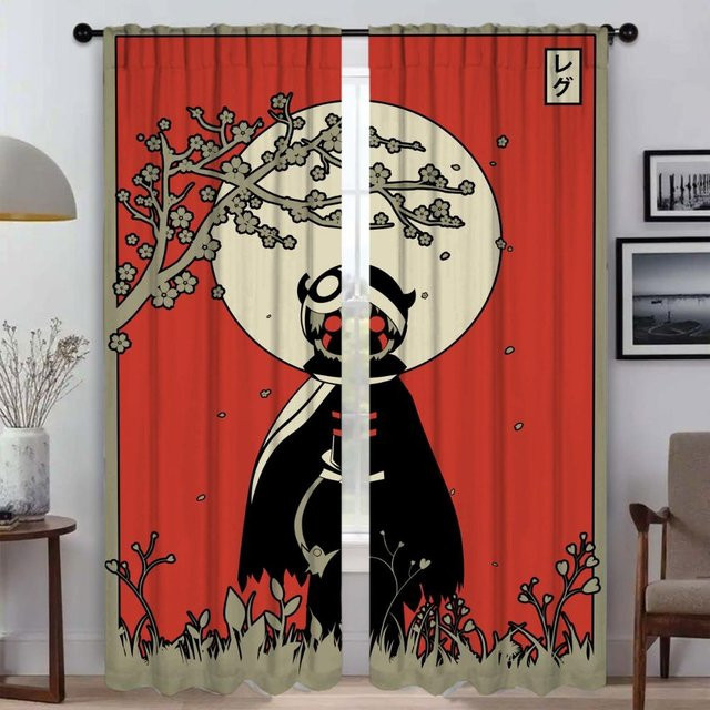 Japanische Linienkunst Anime Halloween Verdunkelungsvorhänge für dein Schlafzimmer, 2 Paneele, Farbe: Rot, Breite: 50 cm, Höhe: 70 cm - Bild 1
