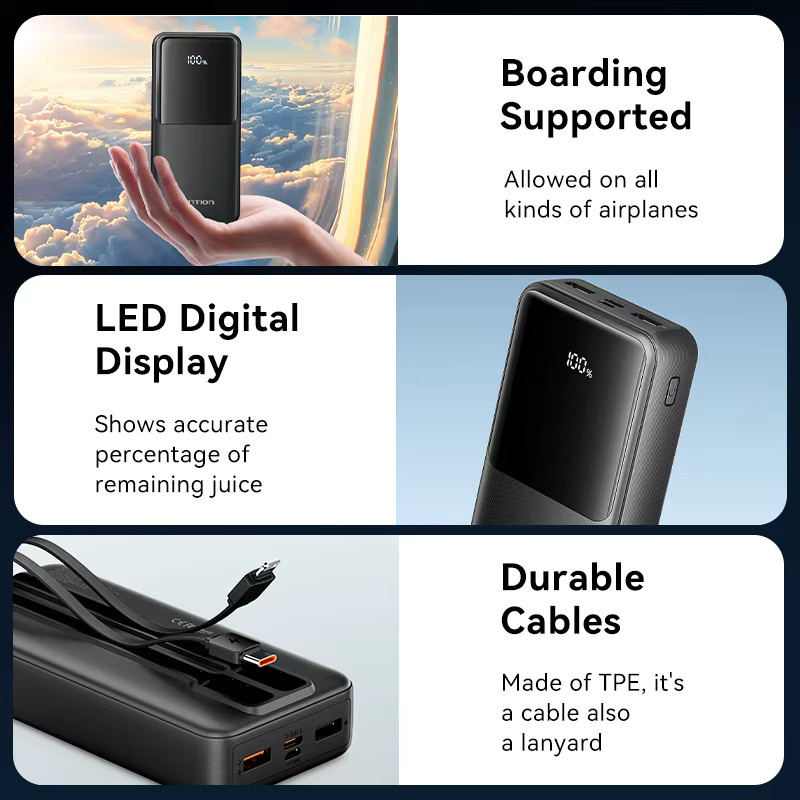 Vention Powerbank 20000mAh mit 22,5W Schnellladefunktion und integrierten USB-C und Lightning Kabeln in Schwarz - Bild 5