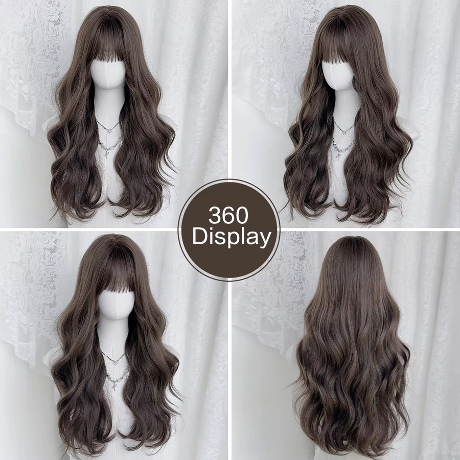 7JHH WIGS Perücke für Damen, braun, lang, gewellt, mit Pony - Bild 3