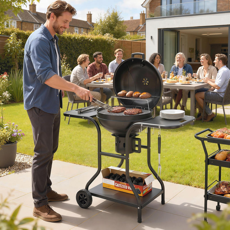 Outsunny Kugelgrill BBQ Smoker mit Seitentischen, Thermometer und Rädern, B/T/H: 129 x 63,5 x 106,5 cm - Bild 2