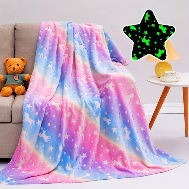 JMG Household Supplies Regenbogen Einhorn Flanell Decke, Leuchtet im Dunkeln, Multicolour, B/H: 75 x 100 cm - Bild 1