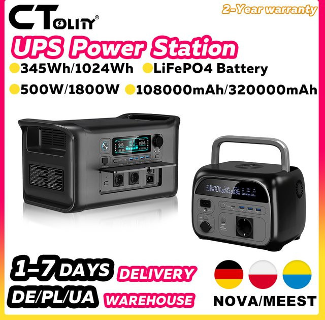 CTOLITY Tragbare UPS-Stromstation mit LiFePO4-Akku AP1000 (1800W, 1024Wh) und AP400 (500W, 345Wh) Solar-Generator in Schwarz für Camping und Notstromversorgung - Bild 1