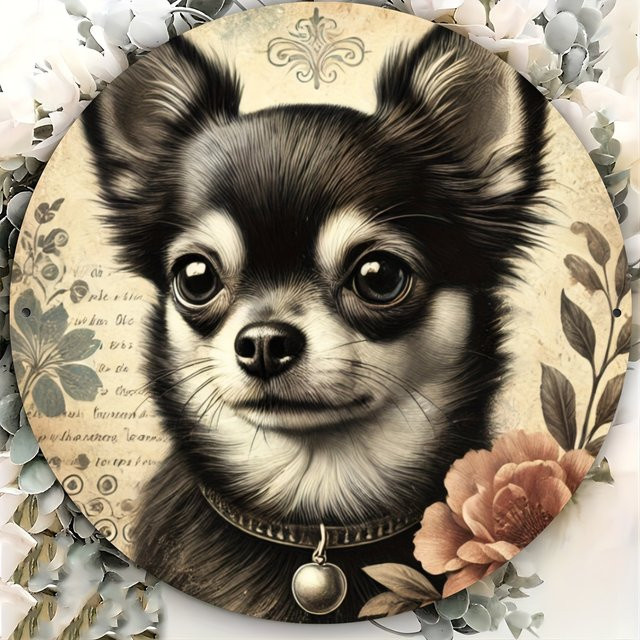 Rundes Aluminiumschild Potdemiel im Vintage-Stil mit Chihuahua-Blumendruck als Wanddekoration aus Metall, Durchmesser: 20 cm, Mehrfarbig - Bild 1