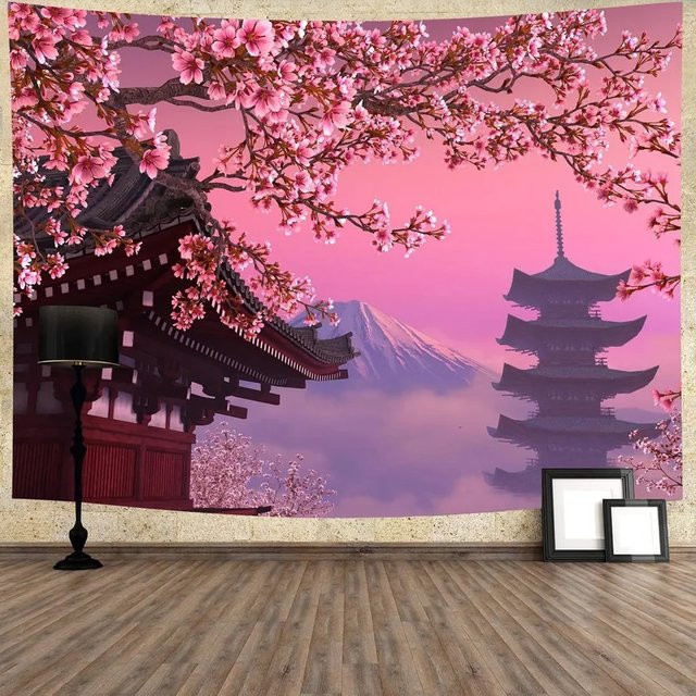 VIKAMA Japanische Kirschblüten-Straßentapisserie im Anime-Stil mit Frühlingsstadt-Illustration in Pink, B/H: 60 x 40 cm - Bild 1