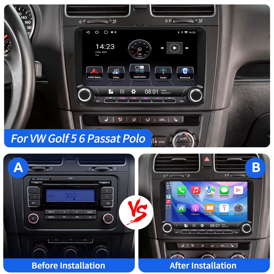 ESSGOO Android 15 Autoradio mit 9 Zoll Display, 64GB Speicher, kabelloses CarPlay, GPS, Wi-Fi und Bluetooth für VW Golf 5 6 Plus, Touran und Caddy, Schwarz - Bild 3