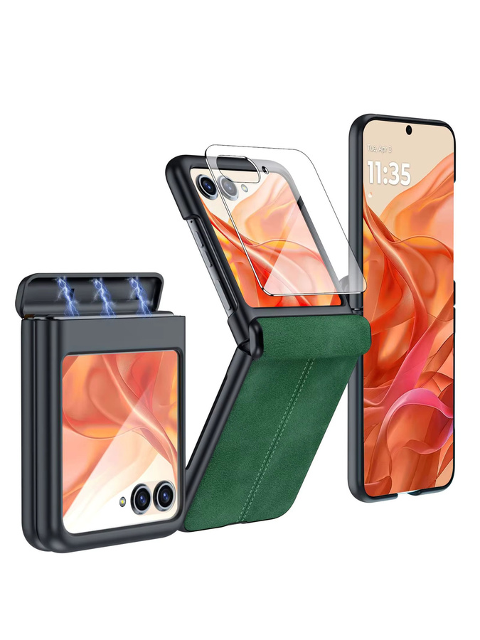 Motorola Moto Razr 50/60/70 Lederhülle mit magnetischem Scharnierschutz und 9H Displayschutz in Grün - Bild 6