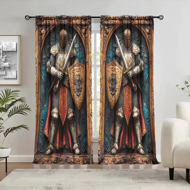 VOZMIO 2er Set dekorative Vorhänge mit mittelalterlichem Ritter-Holzschnitzerei-Motiv in ästhetischem Design - Bild 1