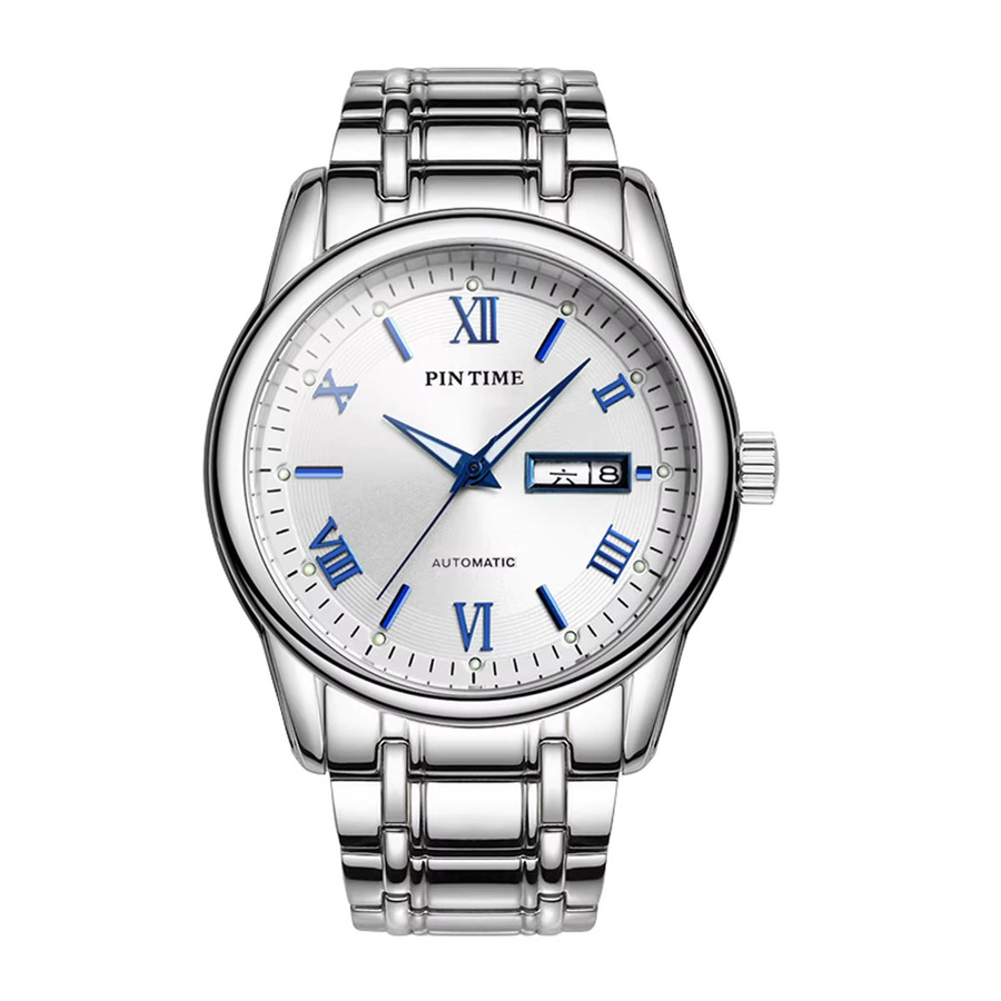 PINTIME Armbanduhr Automatik, Edelstahl, Weiß, Herren, Tag-Datum-Anzeige - Bild 6