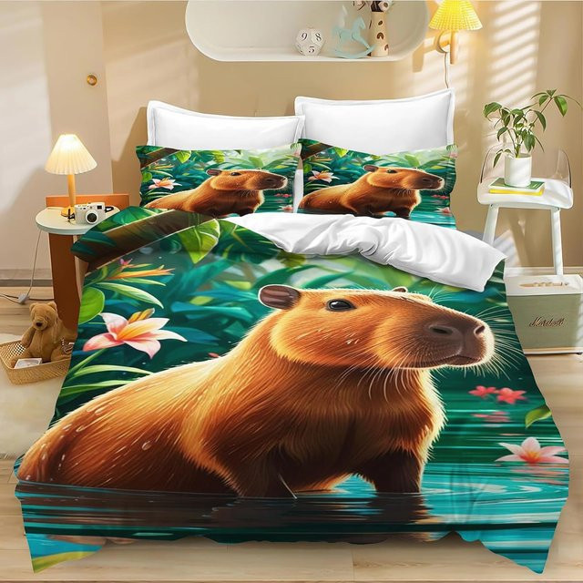 Lodestar Capybara Bettbezug Set mit Kissenbezug für Kinder in Grün und Braun, B/H: 135 x 200 cm - Bild 1