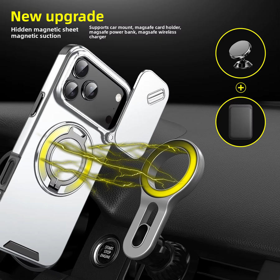 Robuste magnetische Handyhülle mit Ständer und Schiebe-Kameraschutz für iPhone 17 Air, 17E, 16E, 16 Plus, 15, 14, 13, 12, 11 Pro Max mit MagSafe Kompatibilität in Transparent/Silber - Bild 2