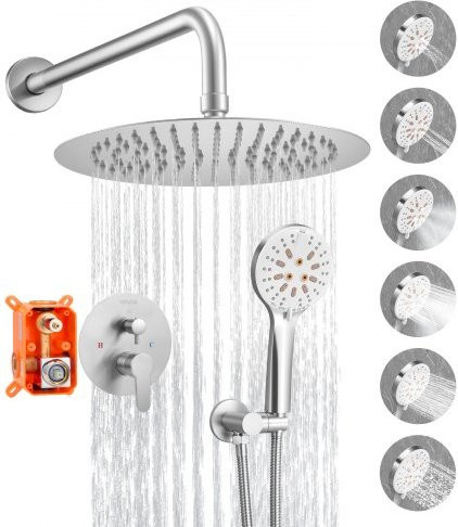 VEVOR Duscharmatur Regenduschsystem mit rundem Regenduschkopf und Handbrause, wandmontiert aus Messing, gebürstetes Nickel - Bild 1