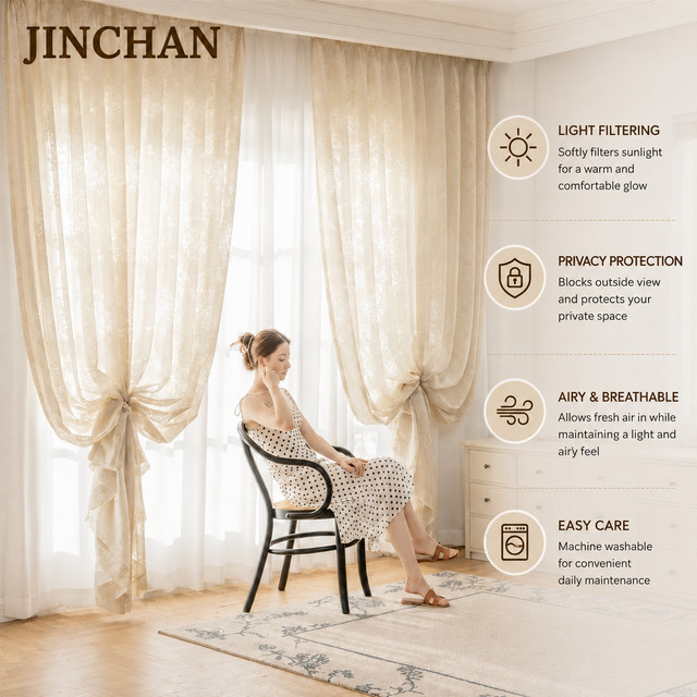JINCHAN Jacquard-Gardinen mit floralem Rosen-Muster im Landhausstil, Transparent, Weiß, Breite: 100 cm, Höhe: 280 cm - Bild 1