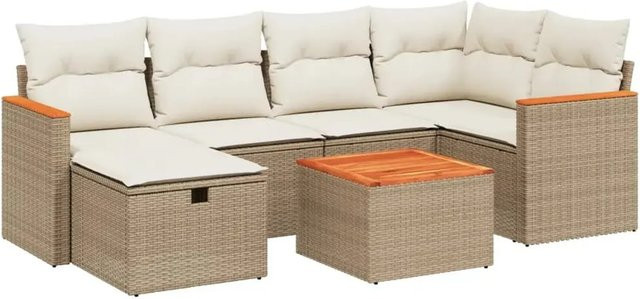 vidaXL 7-teilige Garten-Sofagarnitur in L-Form aus PE-Rattan und Akazienholz mit Kissen in Beige-creme - Bild 1