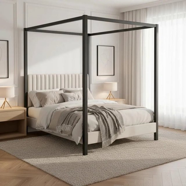 Bessagi Home Himmelbett Mona in Hellgrau mit Stoffbezug und Holzgestell B/T/H: 180 x 200 x 184 cm - Bild 1