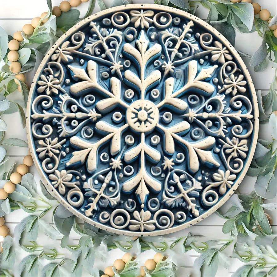 Potdemiel Runde Wanddekoration aus Metall im Vintage-Stil mit Schneeflocken-Motiv, Blau und Weiß, Durchmesser: 20,3 cm - Bild 6