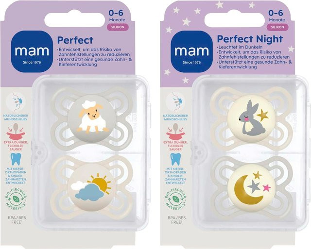 MAM 4er-Pack Schnuller Perfect Day+Night aus Silikon, 0-6 Monate, Mehrfarbig - Bild 1