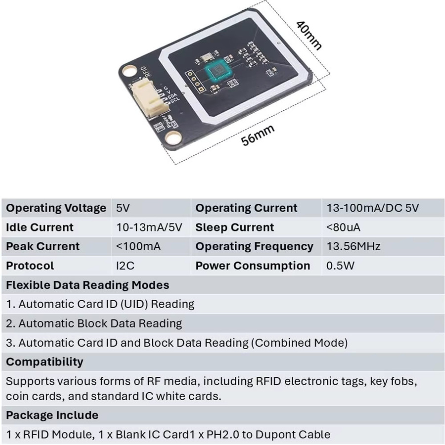 NullLab RFID-Modul 13,56 MHz mit I2C-Protokoll in Schwarz für Arduino, ESP32 und Raspberry Pi - Bild 2