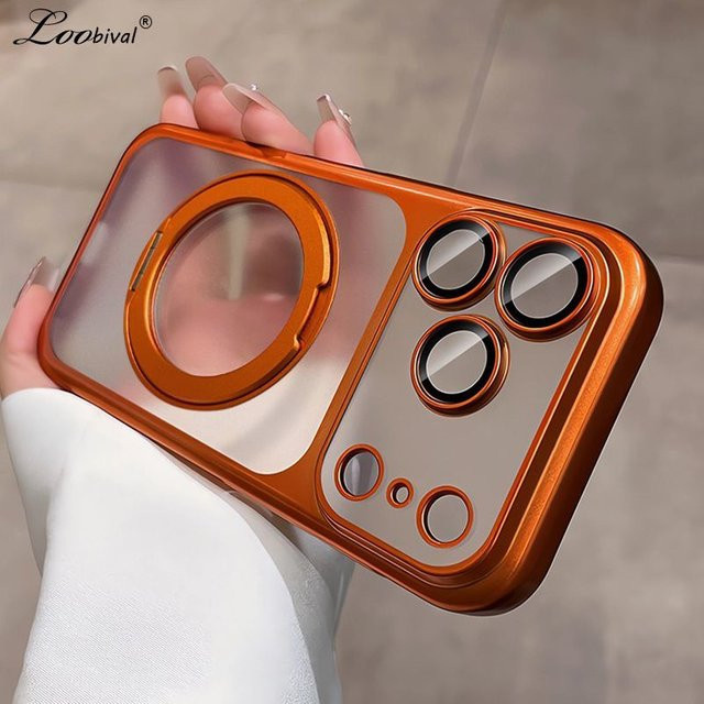 Loobival MagSafe Handyhülle aus galvanisierter Hartschalen-PC-Hülle mit Kamerafolie und drehbarem Ständer für iPhone 12 bis iPhone 17 Pro Max, mattierte Abdeckung in Gold oder Orange - Bild 1
