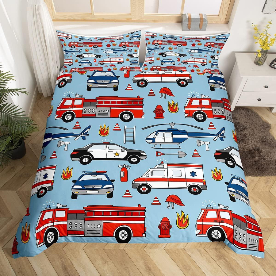 Feuerwehrauto Bettwäsche Set mit brennenden Flammen und 2 Kissenbezügen, Rot, B/H: 135 x 200 cm - Bild 1