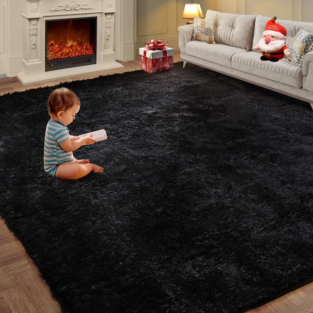 VIKAMA Ultraweicher Wohnzimmerteppich in Schwarz, rutschfester hochfloriger Plüschteppich für Schlafzimmer und Kinderzimmer - Bild 1