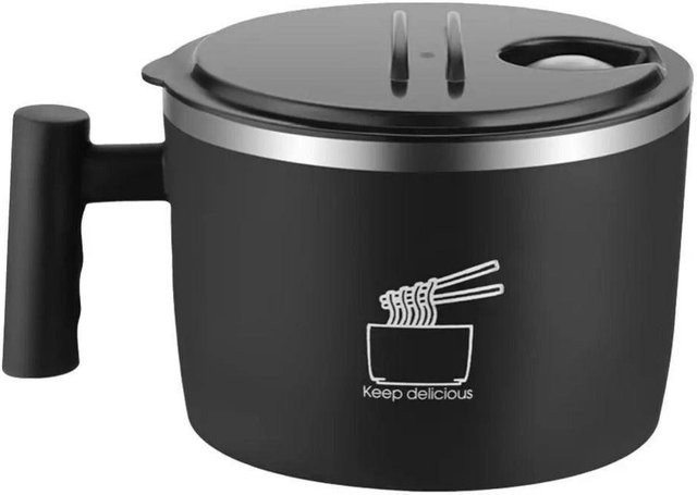 SHbeimao Auslaufsichere Udon-Suppenschüssel mit Abtropfsieb aus Edelstahl, Tragbare Ramen-Schüssel, Schwarz, 1000 ml - Bild 1