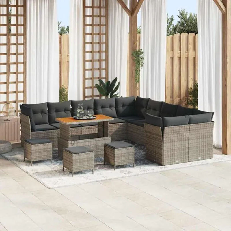 Vidaxl Garten-Sofa-Set aus Poly-Rattan und Massivholz in Grau, 14-teilig, modern - Bild 1