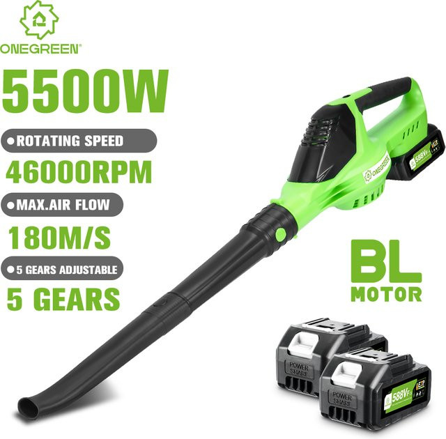 ONEGREEN Bürstenloser elektrischer Laubbläser 5500W mit 5 Gängen, kabelloses Reinigungsgerät für Laub, Schnee und Staub, kompatibel mit Makita 18V LXT Akku, Farbe: Grün - Bild 1