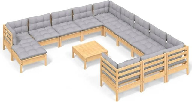 vidaXL 13-tlg. Garten-Lounge-Set aus massivem Kiefernholz mit grauen Kissen - Bild 1